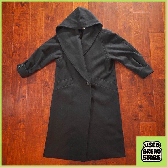 XL Vintage 80s Andrea Marin New York Shawl Collar Hooded Black Wool Maxi Coat - Picture 2 of 7